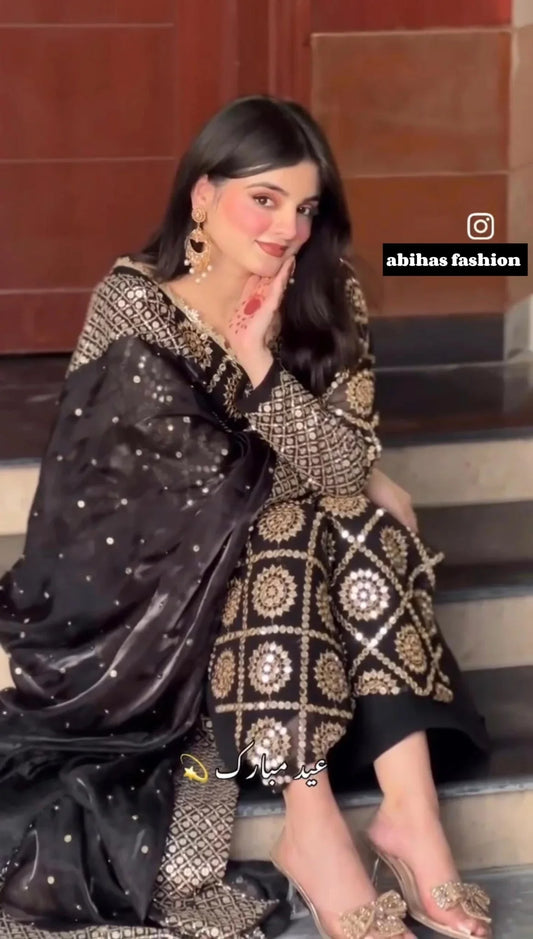 ✨ Luxury Soft Chiffon 3 - Piece | 9MM Sequin Work ✨ (PURE - WHITE) - Abihas Fashion