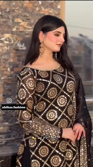 β¨ Luxury Soft Chiffon 3 - Piece | 9MM Sequin Work β¨ (BLACK) - Abihas Fashion