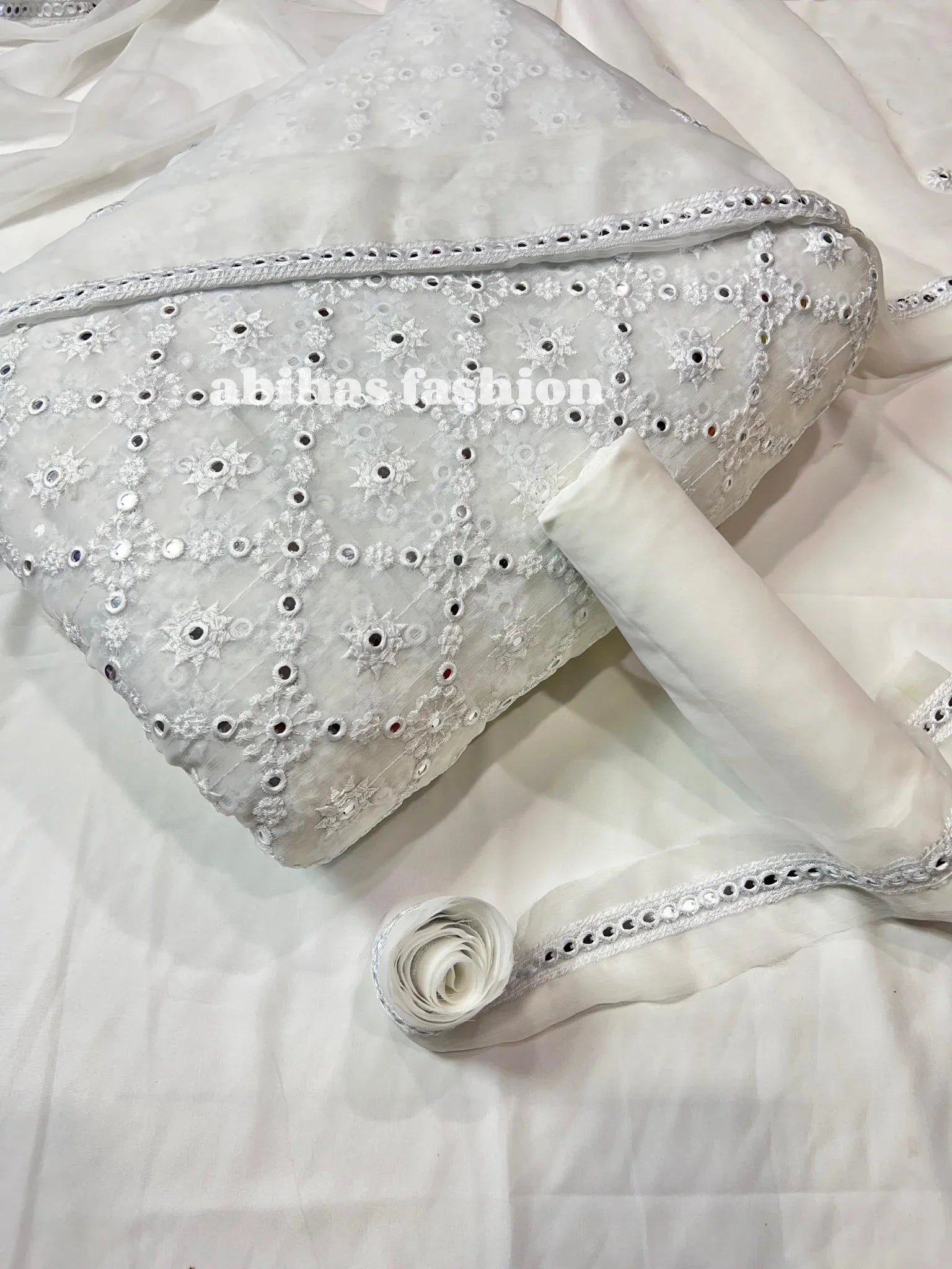 🔥 Chikan Kari Design – Soft Chiffon Luxury Collection 🔥 (PURE - WHITE) - Abihas Fashion