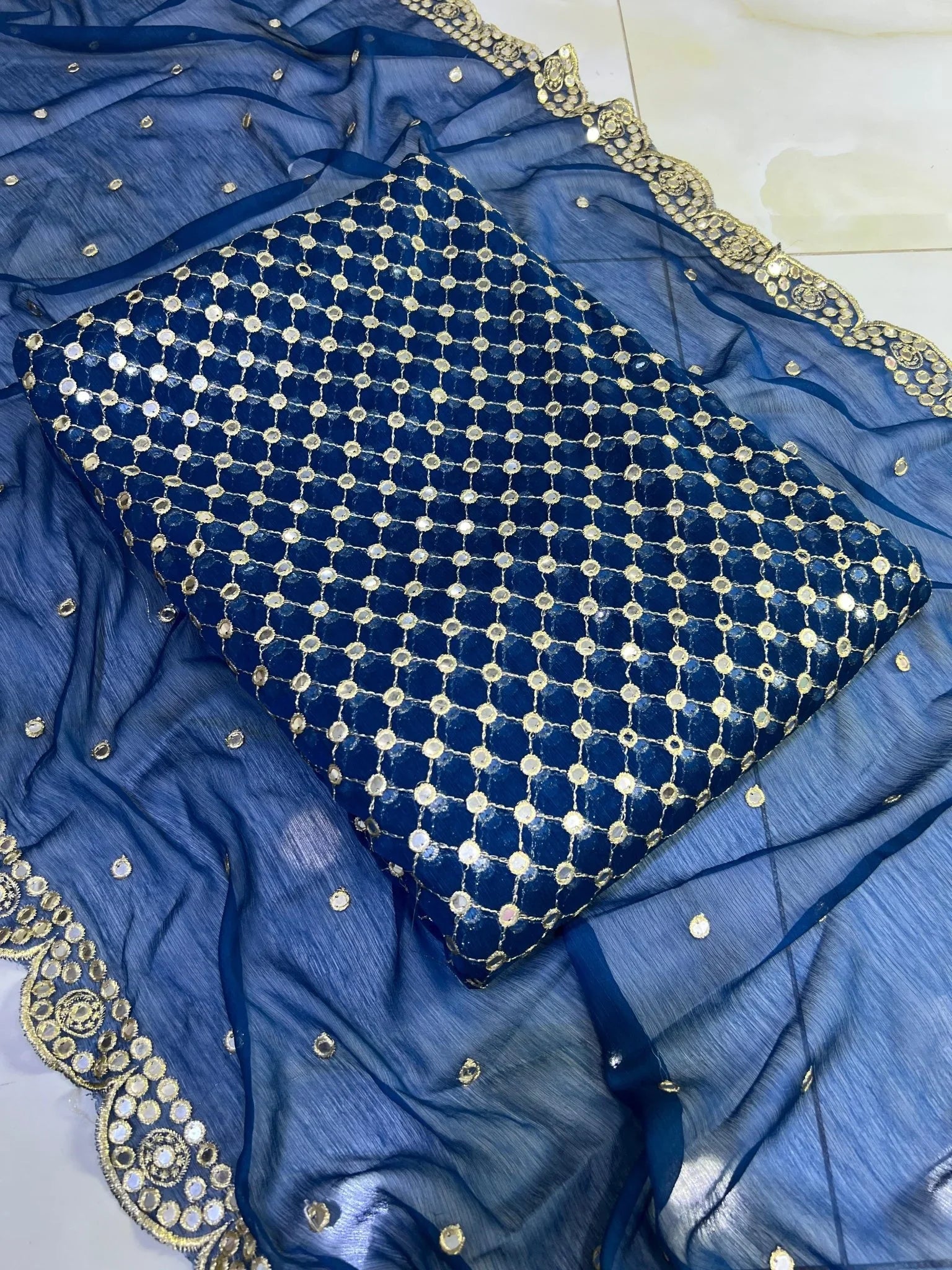 🌟 Hiba Bukhari Most Viral 9MM Chiffon 3 - Piece Dress 🌟 (ZINK - BLUE) - Abihas Fashion