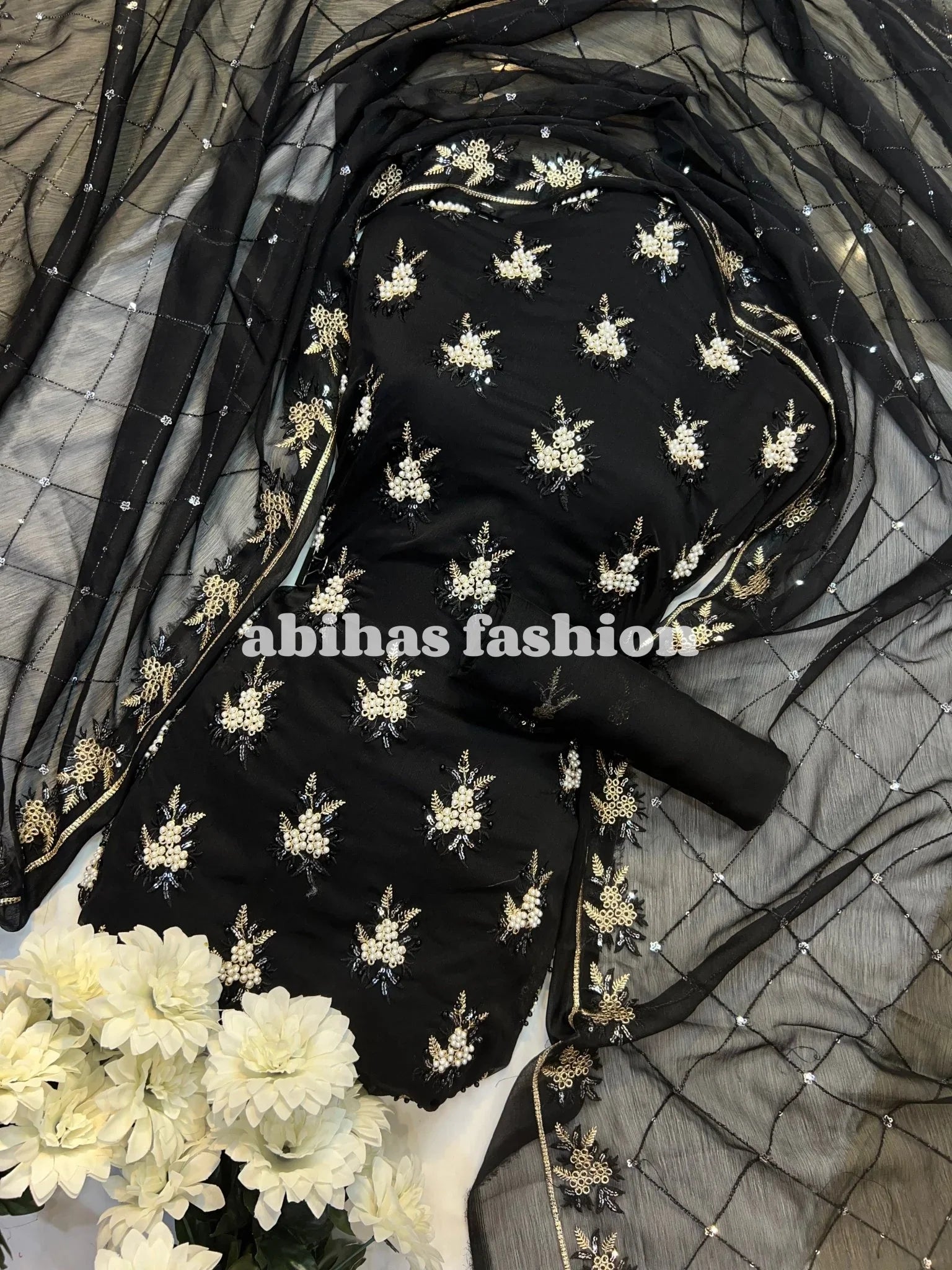 💫 Soft Chiffon Beauty – Fine Pules Embroidery | 3PC (BLACK) - Abihas Fashion