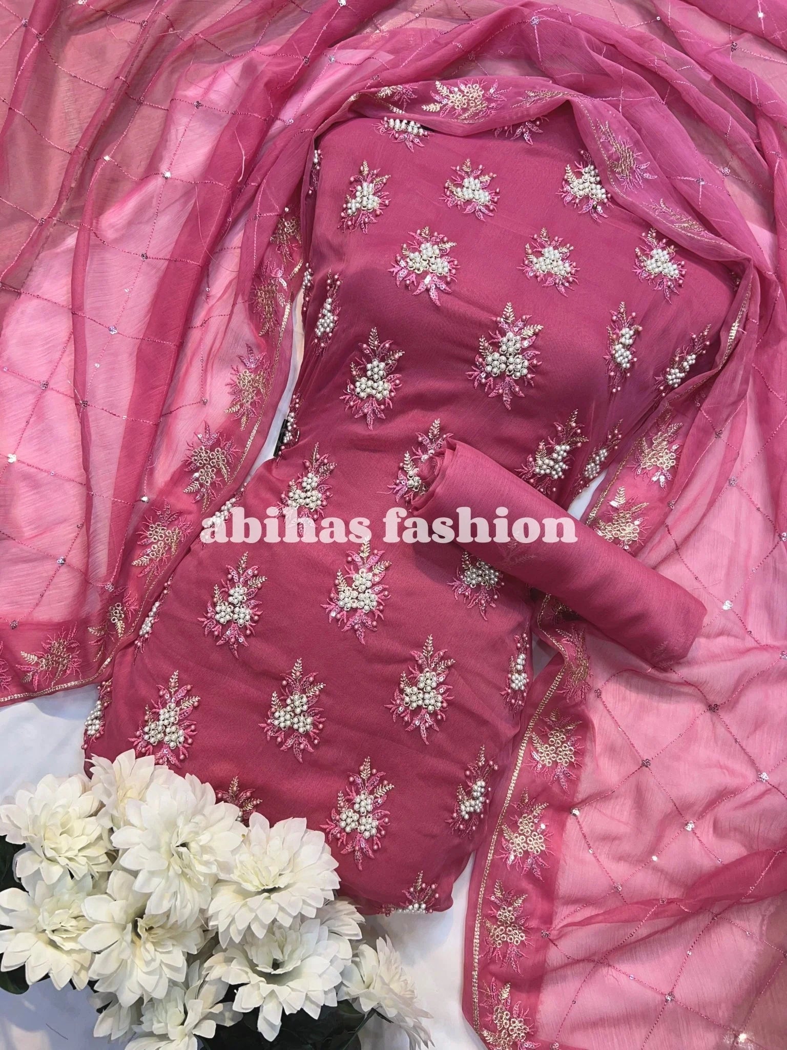 💫 Soft Chiffon Beauty – Fine Pules Embroidery | 3PC (T - PINK) - Abihas Fashion