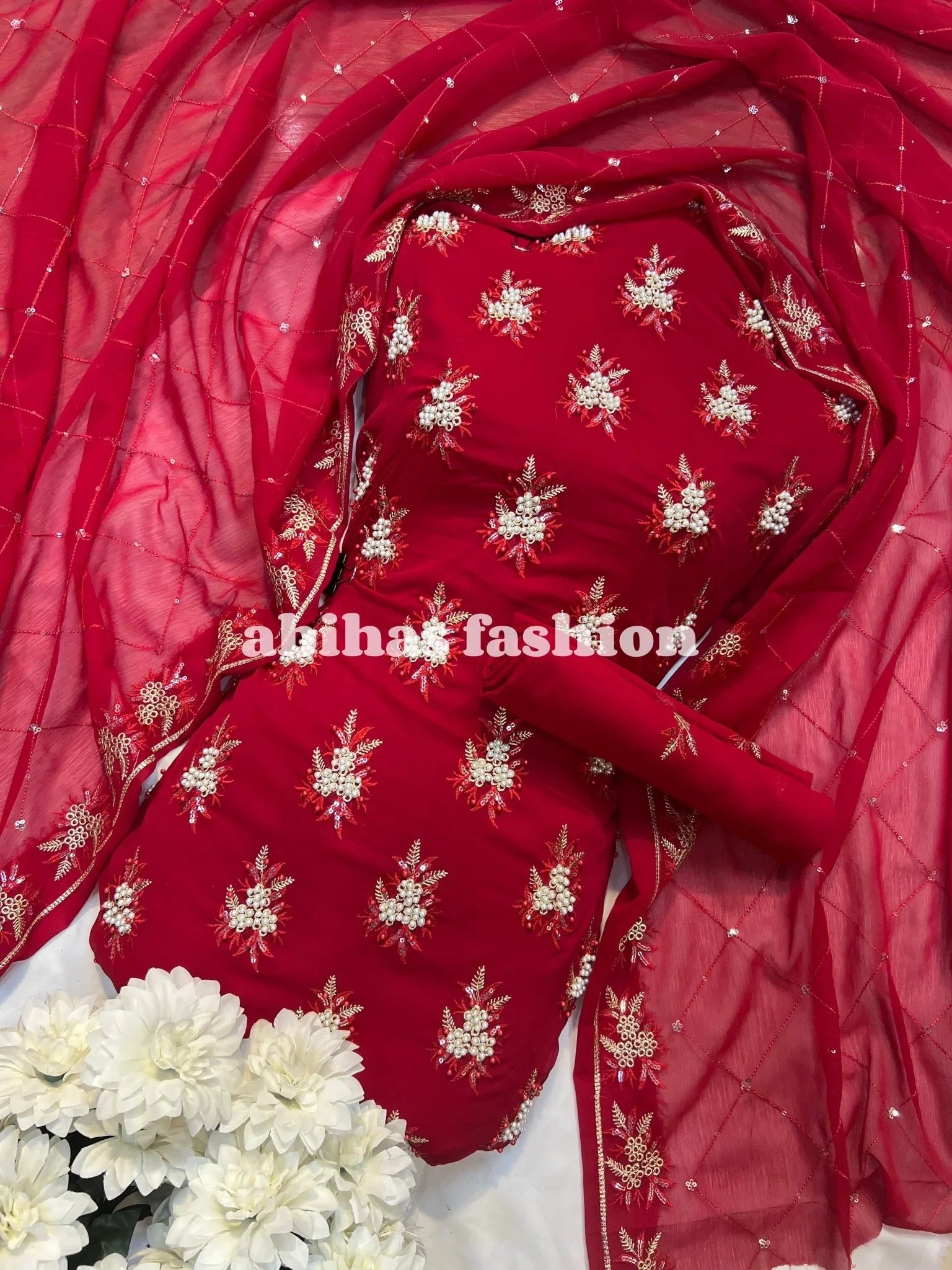 💫 Soft Chiffon Beauty – Fine Pules Embroidery | 3PC (REDISH - MEHRON) - Abihas Fashion