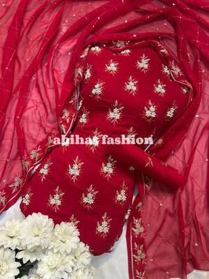 π« Soft Chiffon Beauty β Fine Pules Embroidery | 3PC (REDISH - MEHRON) - Abihas Fashion