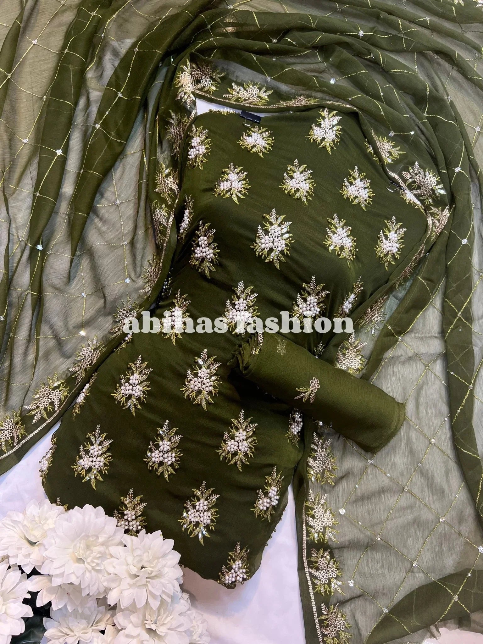 💫 Soft Chiffon Beauty – Fine Pules Embroidery | 3PC (ARMY - GREEN) - Abihas Fashion