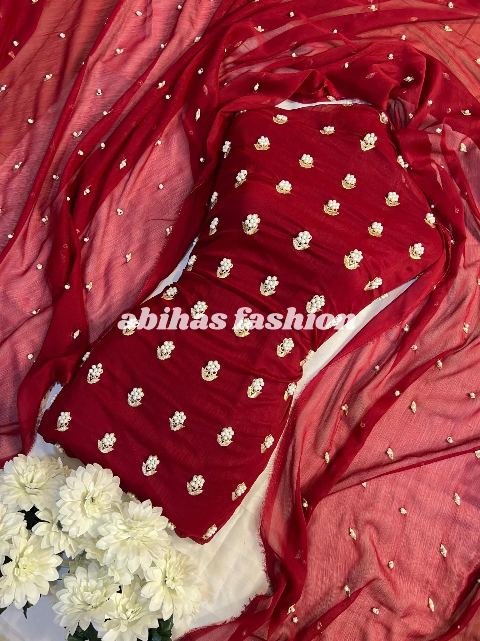 ✨ Eid Collection 2025 – Premium 3 - Piece Soft Chiffon Dress ✨(REDISH MEHRON) - Abihas Fashion