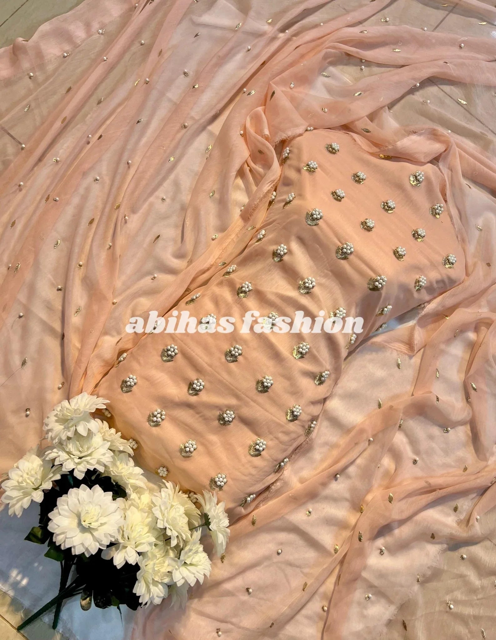 ✨ Eid Collection 2025 – Premium 3 - Piece Soft Chiffon Dress ✨(PEACH) - Abihas Fashion