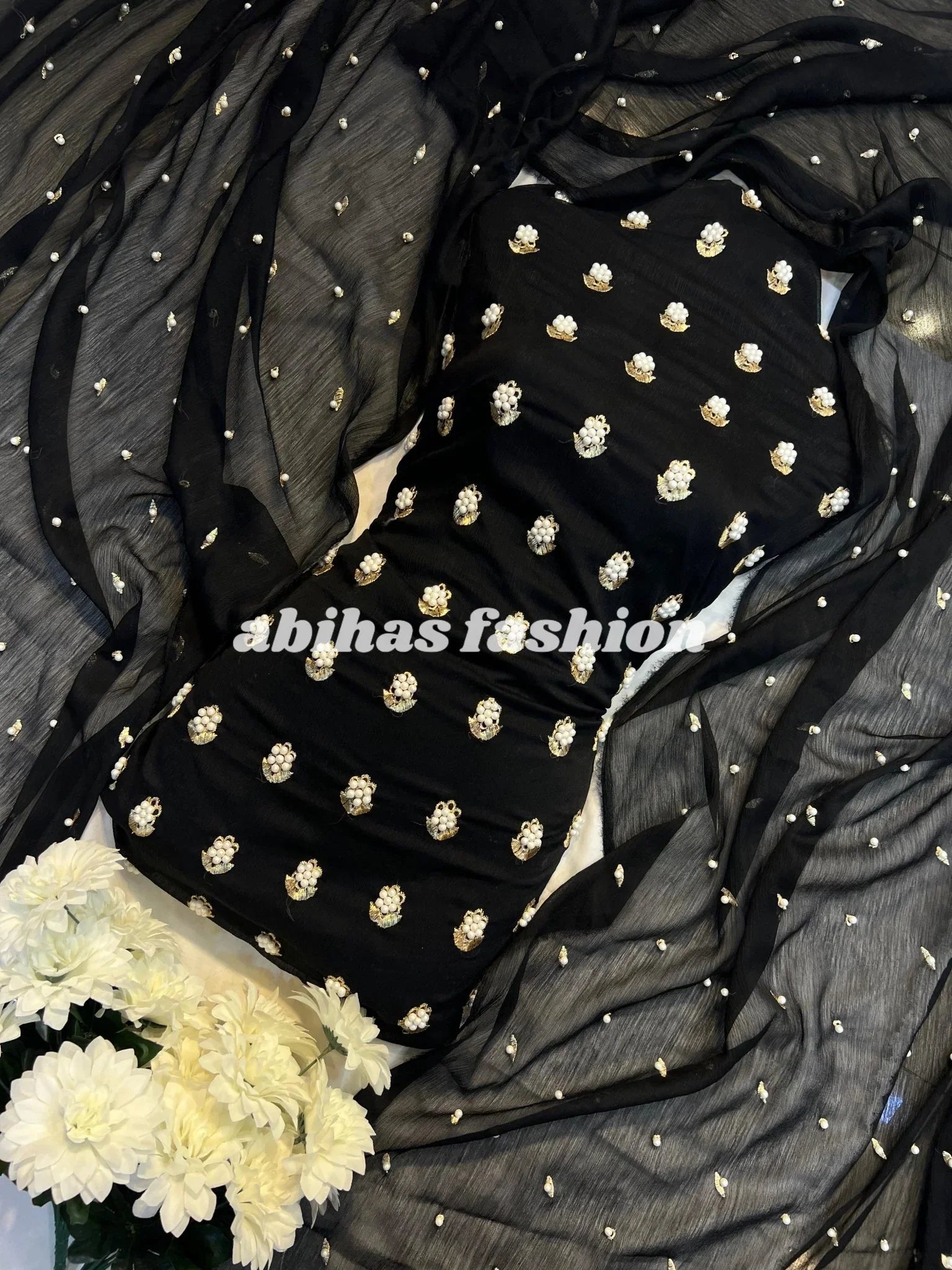 β¨ Eid Collection 2025 β Premium 3 - Piece Soft Chiffon Dress β¨(BLACK) - Abihas Fashion