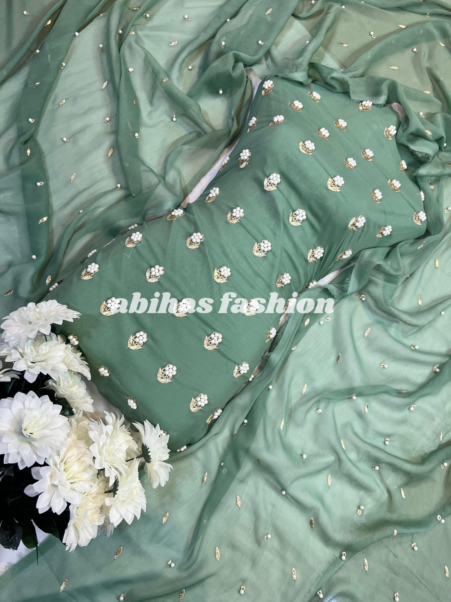 β¨ Eid Collection 2025 β Premium 3-Piece Soft Chiffon Dress β¨(MINT-GREEN)