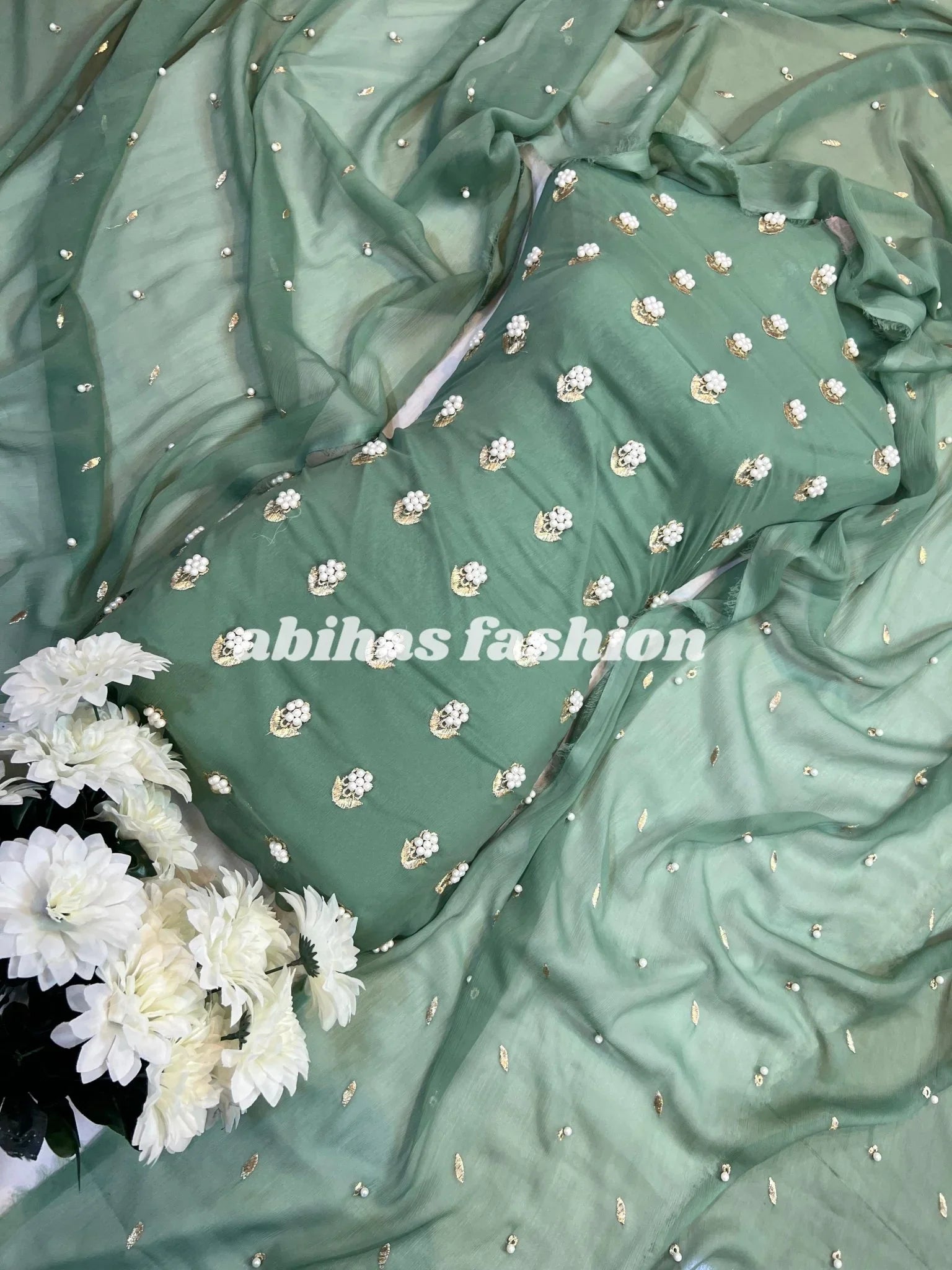 ✨ Eid Collection 2025 – Premium 3 - Piece Soft Chiffon Dress ✨(MINT - GREEN) - Abihas Fashion