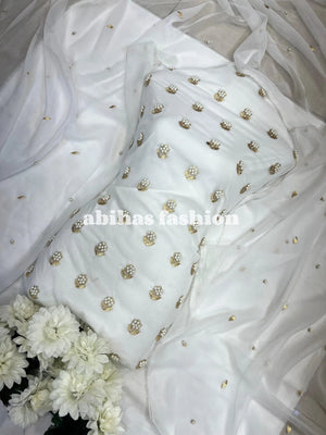 β¨ Eid Collection 2025 β Premium 3 - Piece Soft Chiffon Dress β¨(PURE - WHITE) - Abihas Fashion