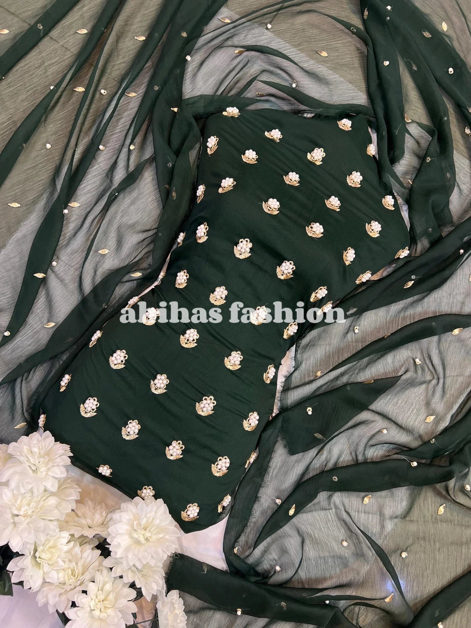 β¨ Eid Collection 2025 β Premium 3 - Piece Soft Chiffon Dress β¨(KAI - GREEN) - Abihas Fashion