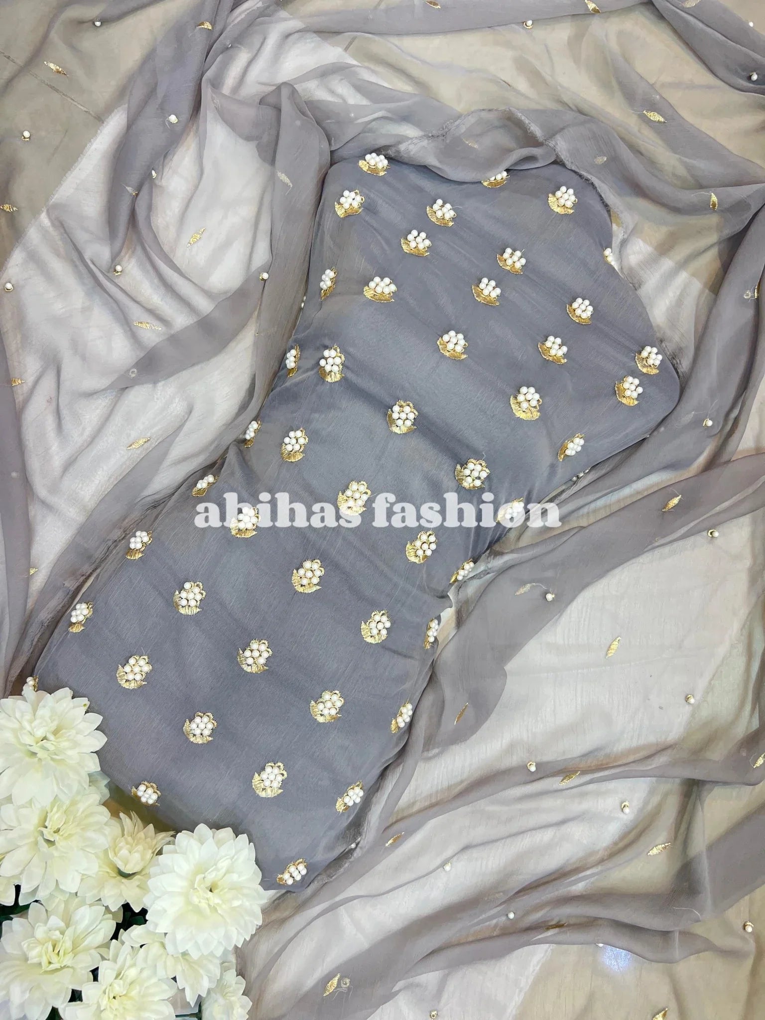 β¨ Eid Collection 2025 β Premium 3 - Piece Soft Chiffon Dress β¨(STEEL - GRAY) - Abihas Fashion