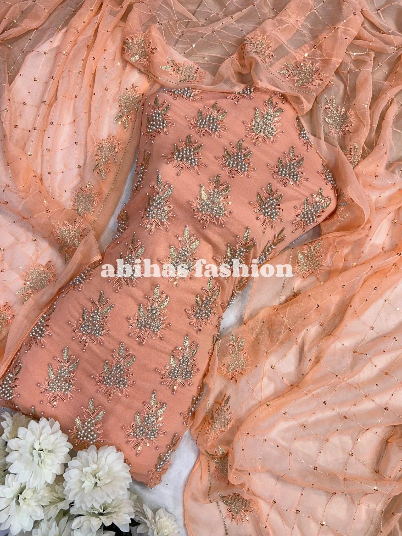 💫 Soft Chiffon Beauty – Fine Pules Embroidery | 3PC (PEACH) - Abihas Fashion