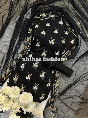π« Soft Chiffon Beauty β Fine Pules Embroidery | 3PC (BLACK) - Abihas Fashion