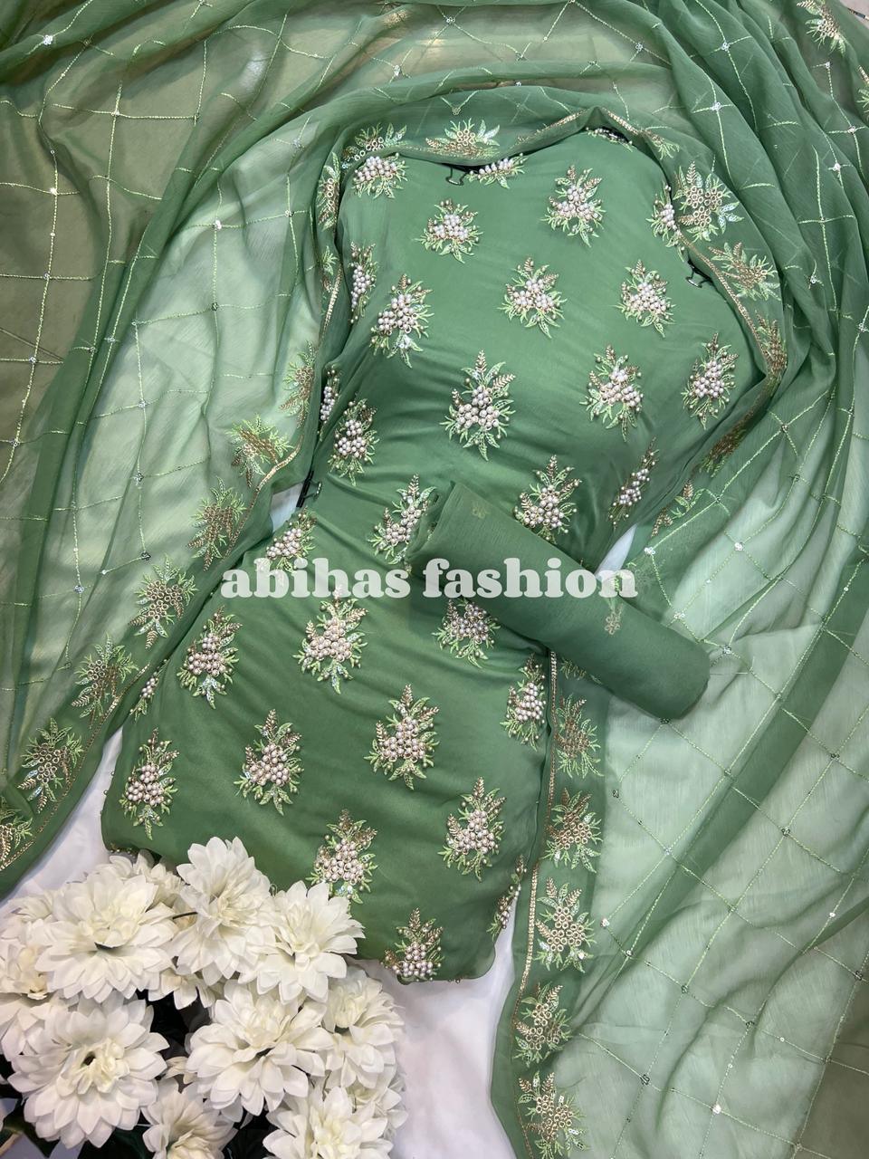 💫 Soft Chiffon Beauty – Fine Pules Embroidery | 3PC (MINT - GREEN) - Abihas Fashion