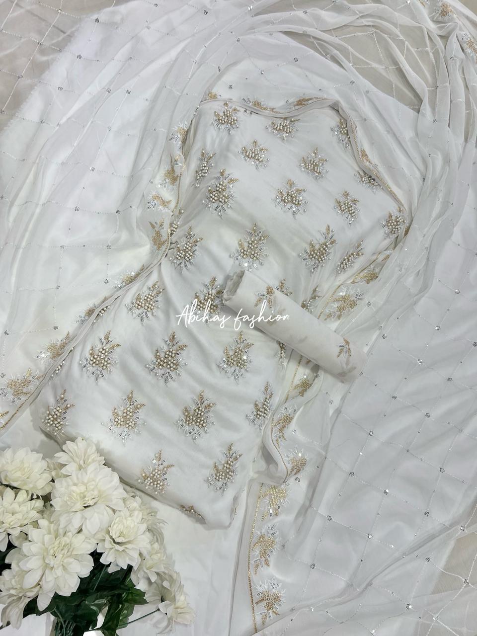 💫 Soft Chiffon Beauty – Fine Pules Embroidery | 3PC (WHITE)