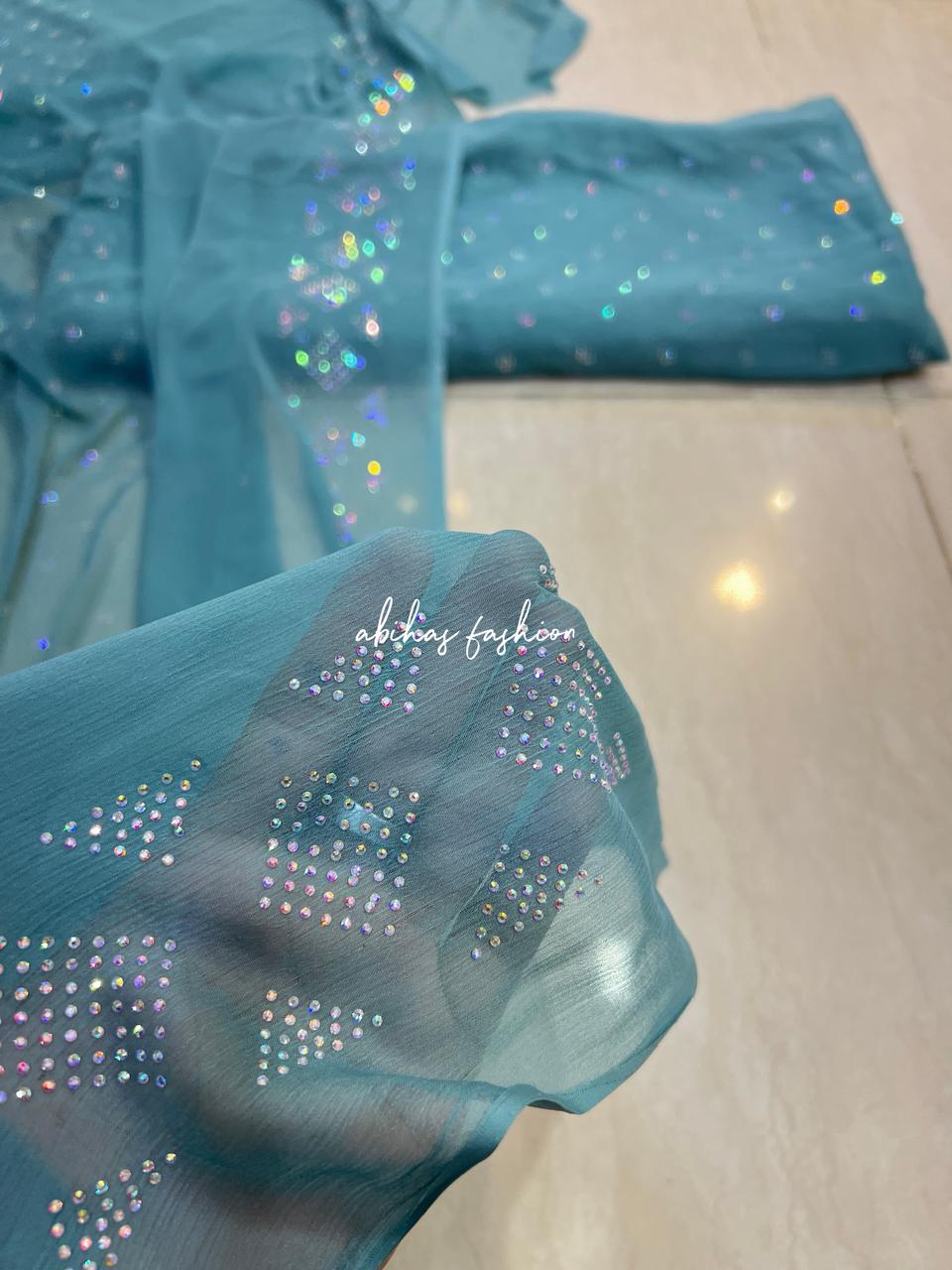 New Turkish Stone – 3 Piece Pure Chiffon Suit (MINT-GREEN) - Abihas Fashion