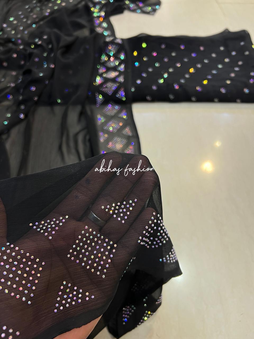 New Turkish Stone – 3 Piece Pure Chiffon Suit (BLACK) - Abihas Fashion