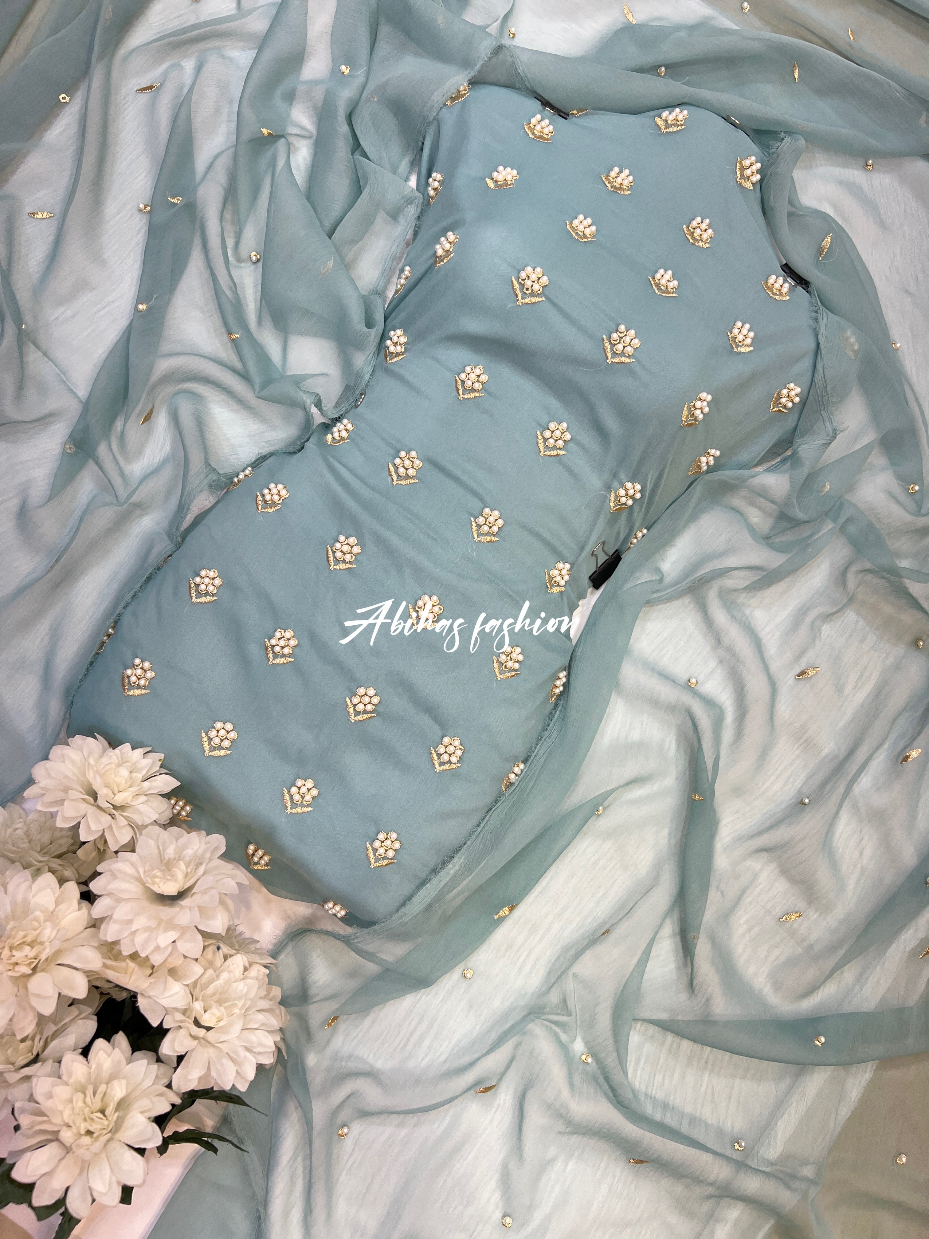 ✨ Eid Collection 2026 – Premium 3-Piece Soft Chiffon Dress ✨(MINT)