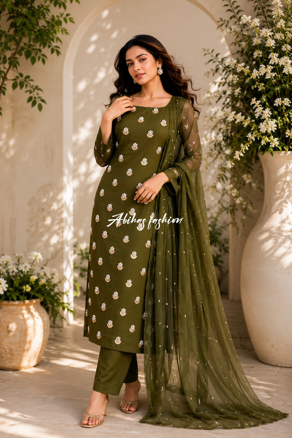 ✨ Eid Collection 2026 – Premium 3-Piece Soft Chiffon Dress ✨(ARMY-GREEN)