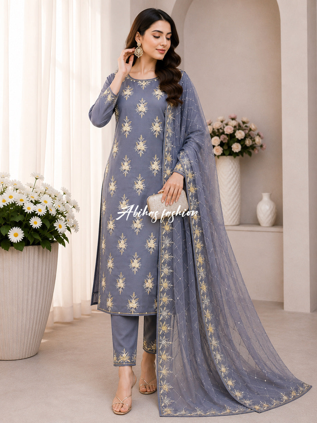 💫 Soft Chiffon Beauty – Fine Pules Embroidery | 3PC (STEEL-GRAY)