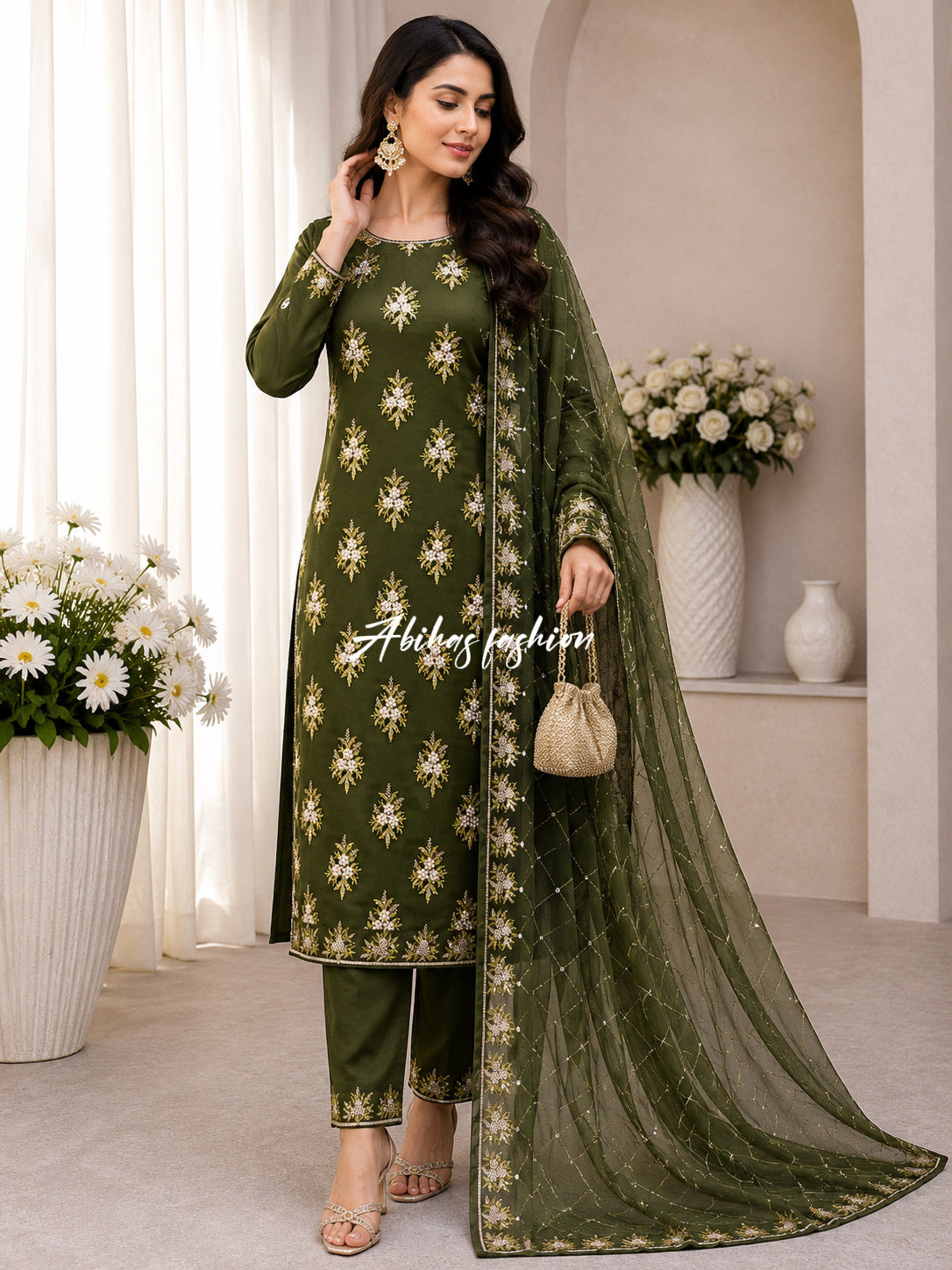💫 Soft Chiffon Beauty – Fine Pules Embroidery | 3PC (ARMY-GREEN)