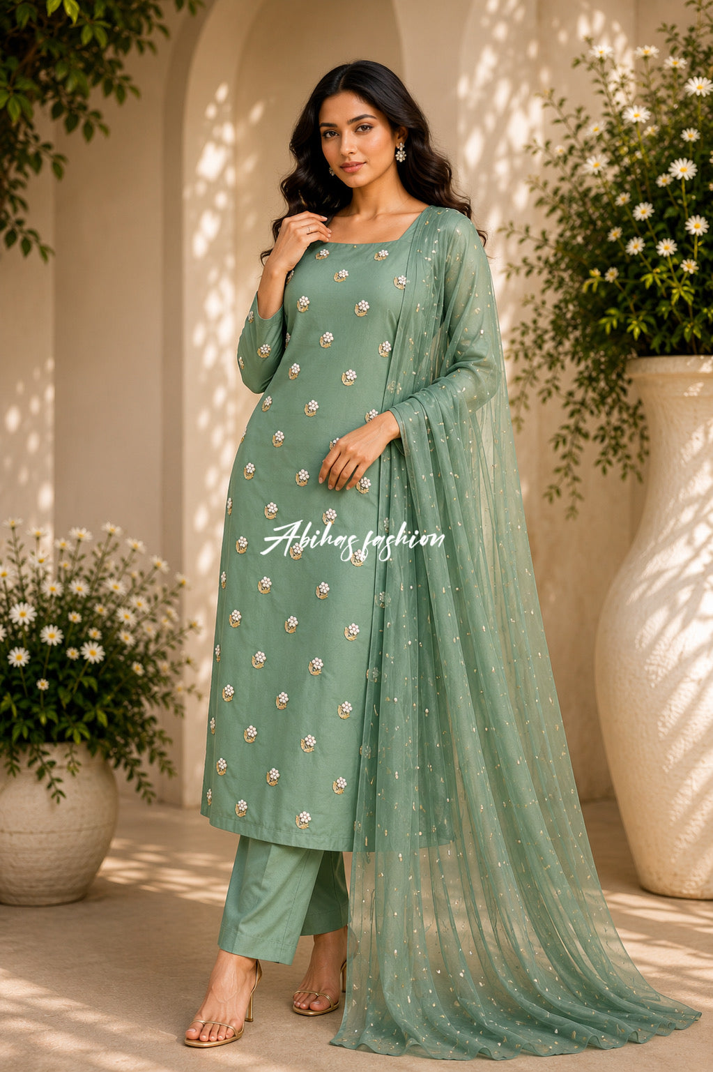 ✨ Eid Collection 2026 – Premium 3-Piece Soft Chiffon Dress ✨(MINT-GREEN)