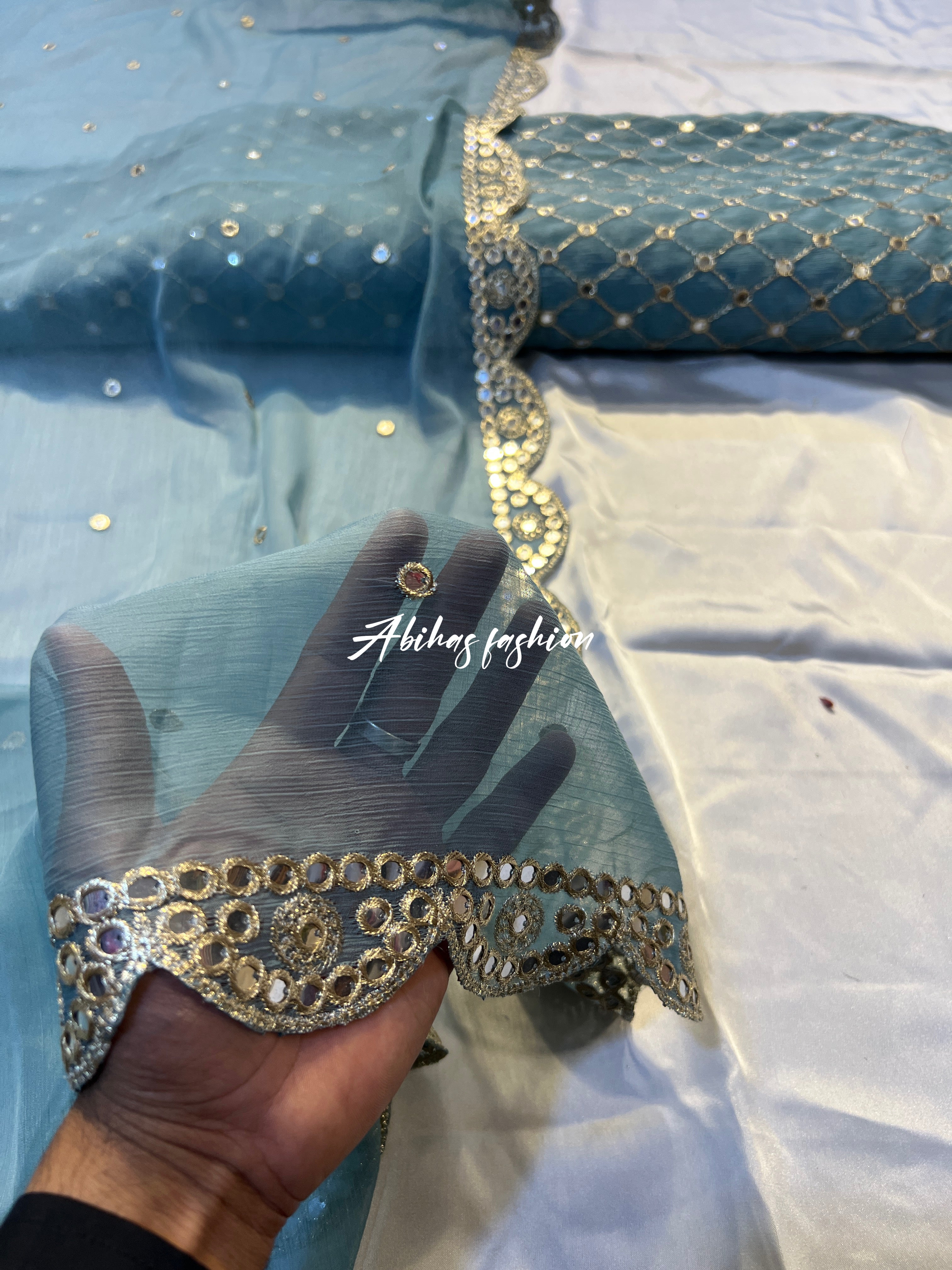 🌟 Hiba Bukhari Most Viral 9MM Chiffon 3-Piece Dress 🌟 (mint-blue)