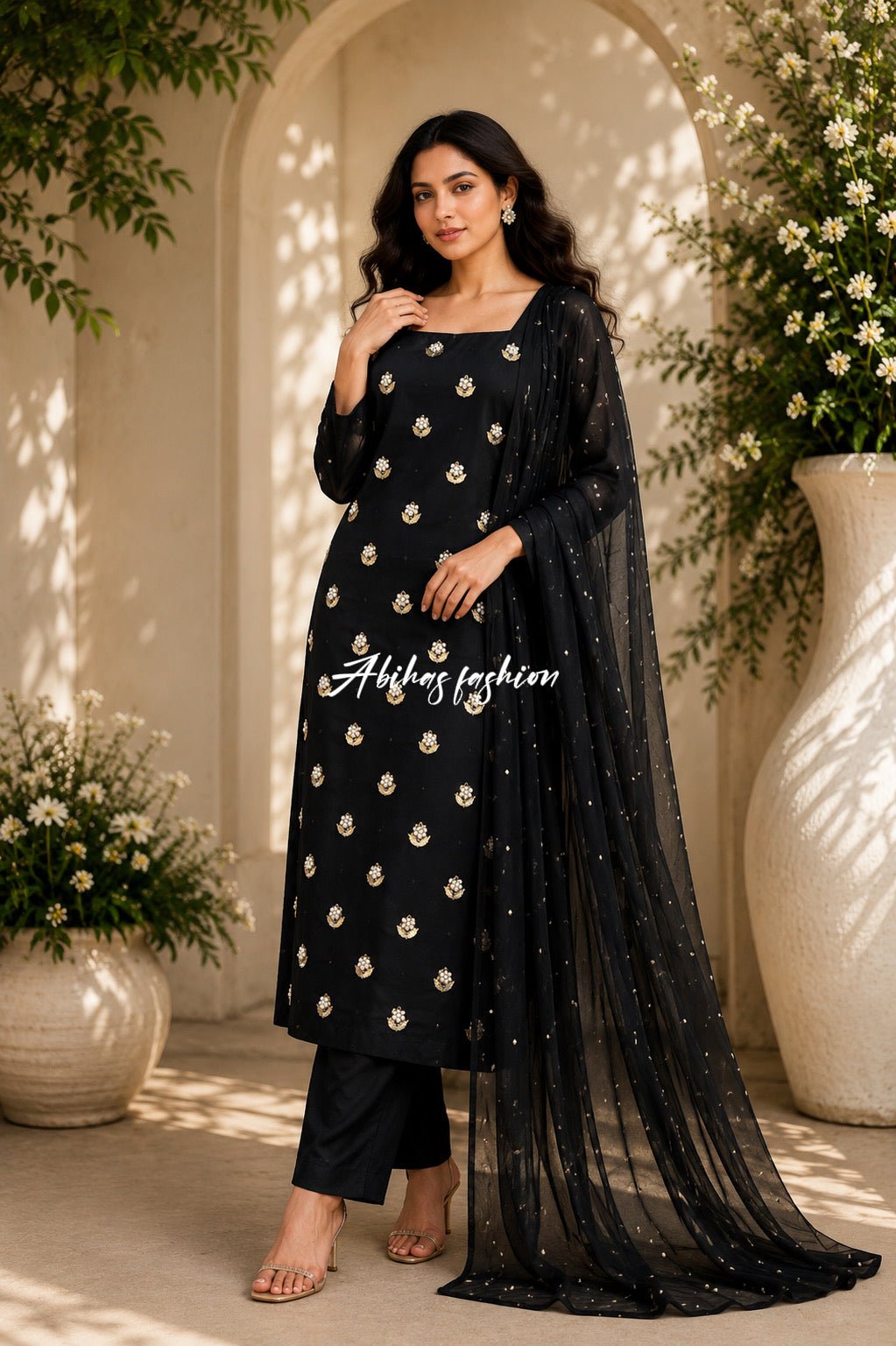 ✨ Eid Collection 2026 – Premium 3-Piece Soft Chiffon Dress ✨(BLACK) - Abihas Fashion