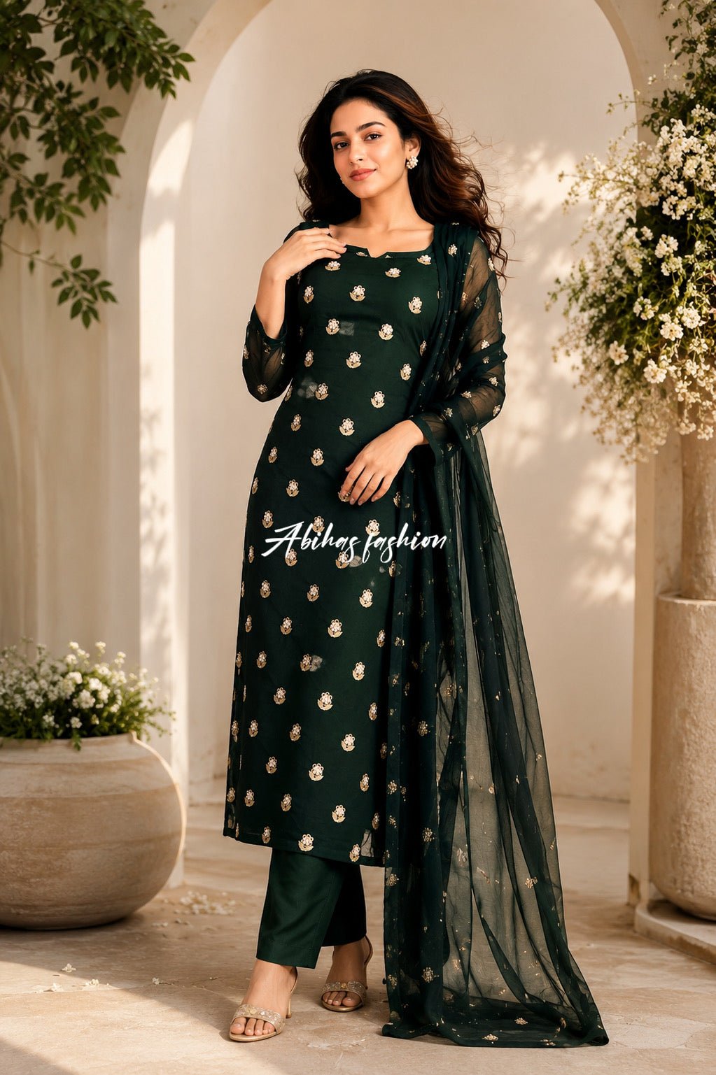 ✨ Eid Collection 2026 – Premium 3-Piece Soft Chiffon Dress ✨(KAI-GREEN) - Abihas Fashion