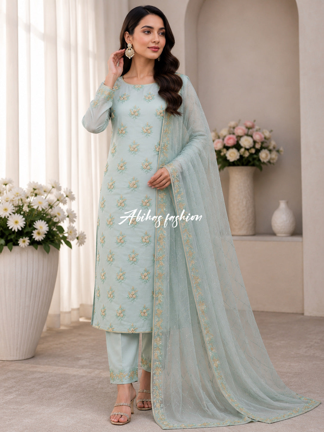 💫 Soft Chiffon Beauty – Fine Pules Embroidery | 3PC (ICE-BLUE)