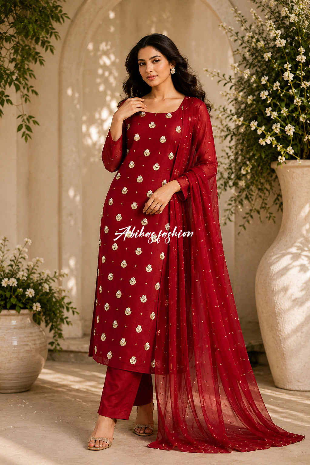 ✨ Eid Collection 2026 – Premium 3-Piece Soft Chiffon Dress ✨(REDISH MEHRON)