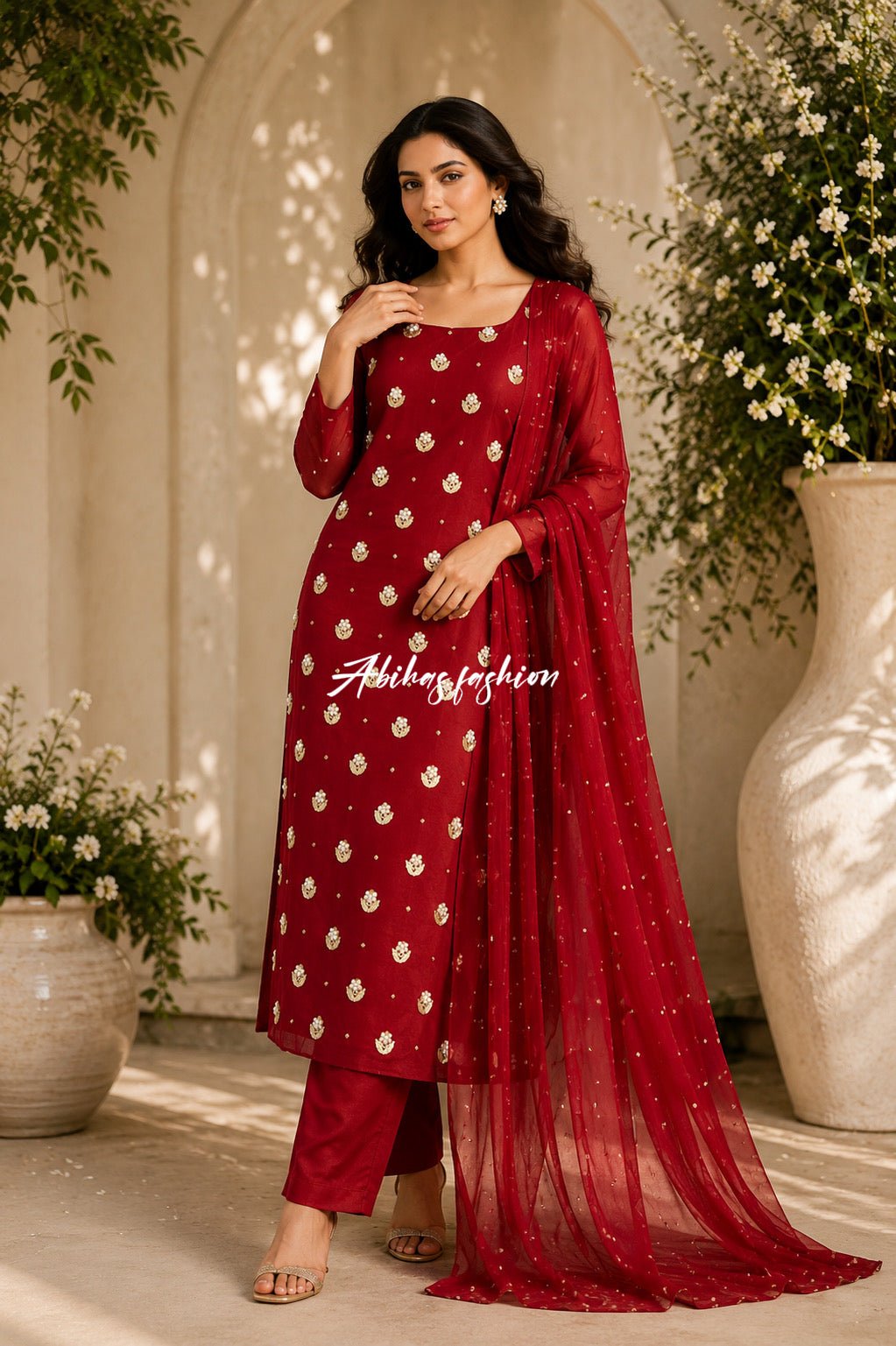✨ Eid Collection 2026 – Premium 3-Piece Soft Chiffon Dress ✨(REDISH MEHRON) - Abihas Fashion