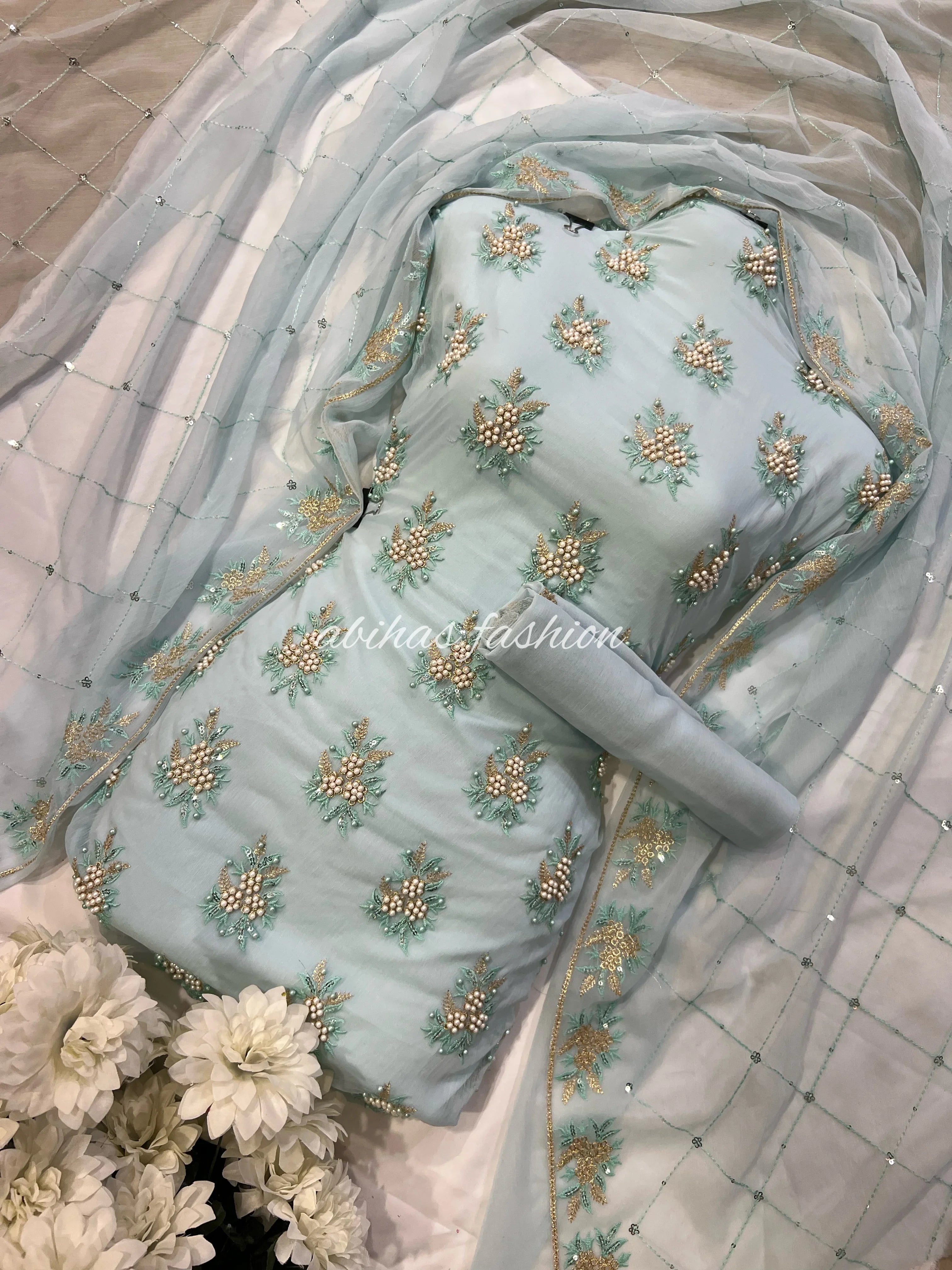 💫 Soft Chiffon Beauty – Fine Pules Embroidery | 3PC (ICE-BLUE)