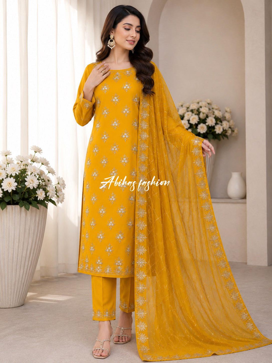 💫 Soft Chiffon Beauty – Fine Pules Embroidery | 3PC (yellow)