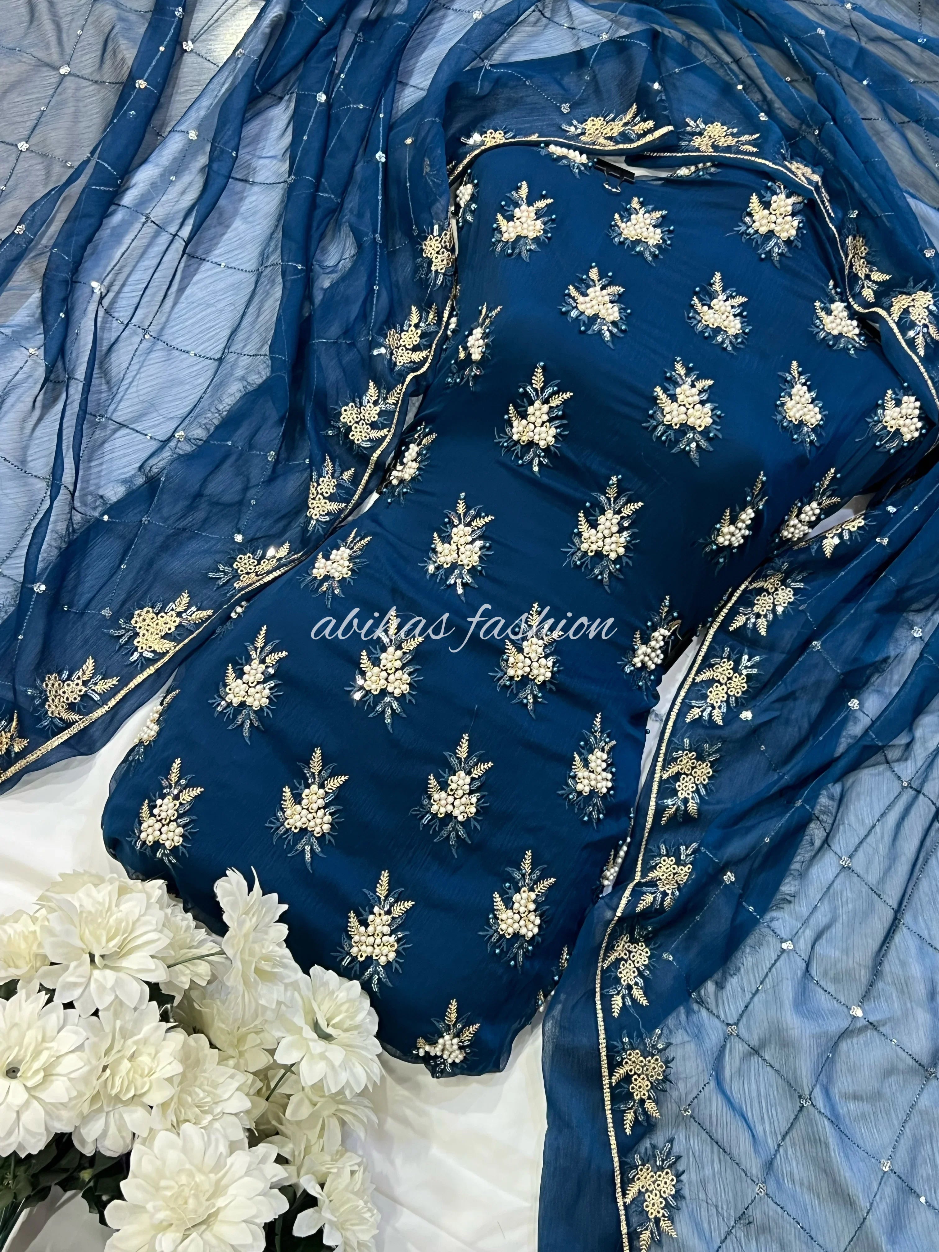 💫 Soft Chiffon Beauty – Fine Pules Embroidery | 3PC (ZINK-BLUE)