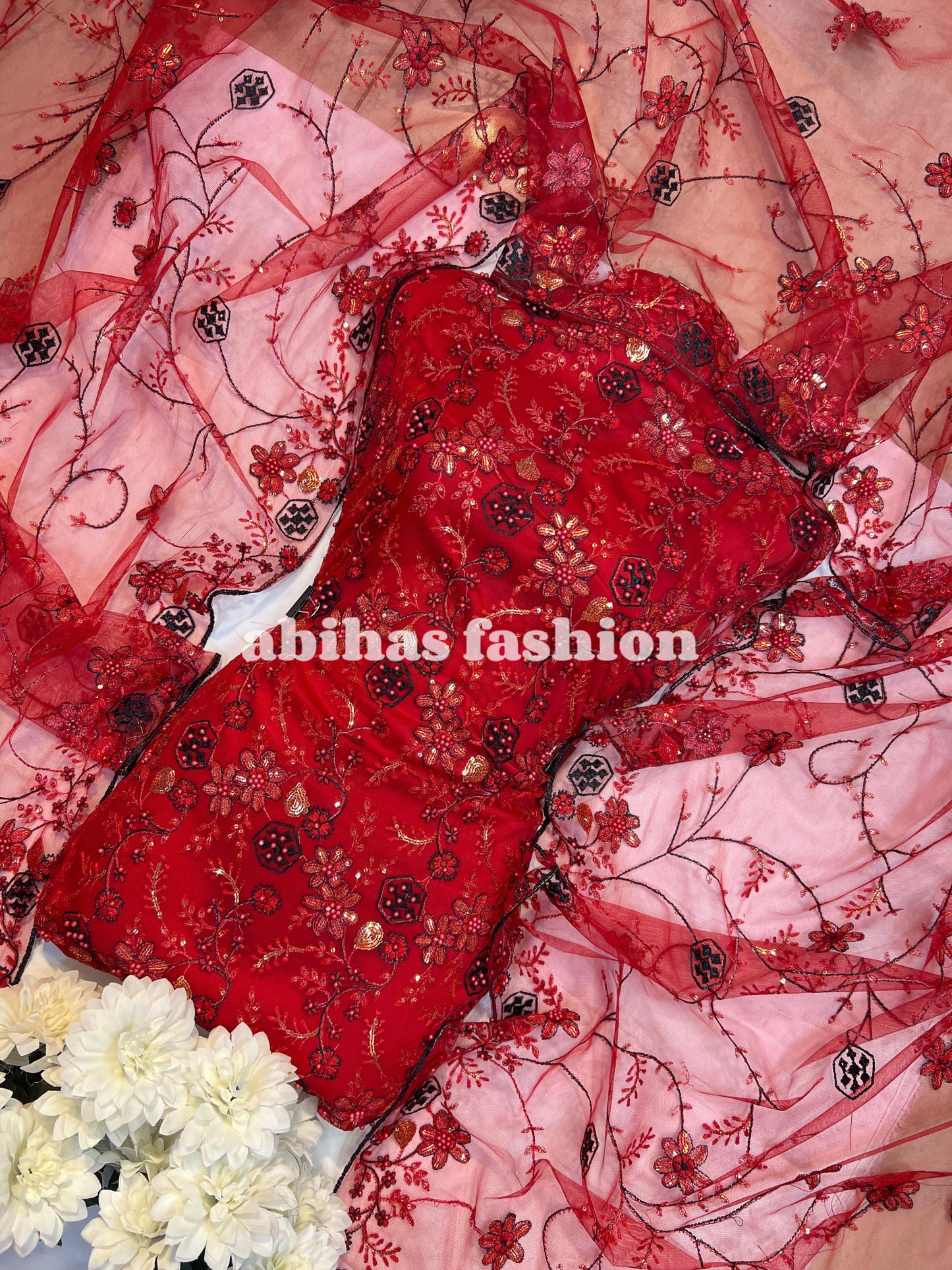 💎 4PC Breeza Net Dress with Elegant Pules Work 💎(WEDDING-RED)