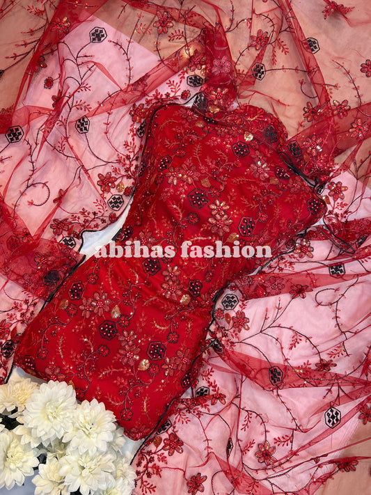 💎 4PC Breeza Net Dress with Elegant Pules Work 💎(WEDDING-RED)