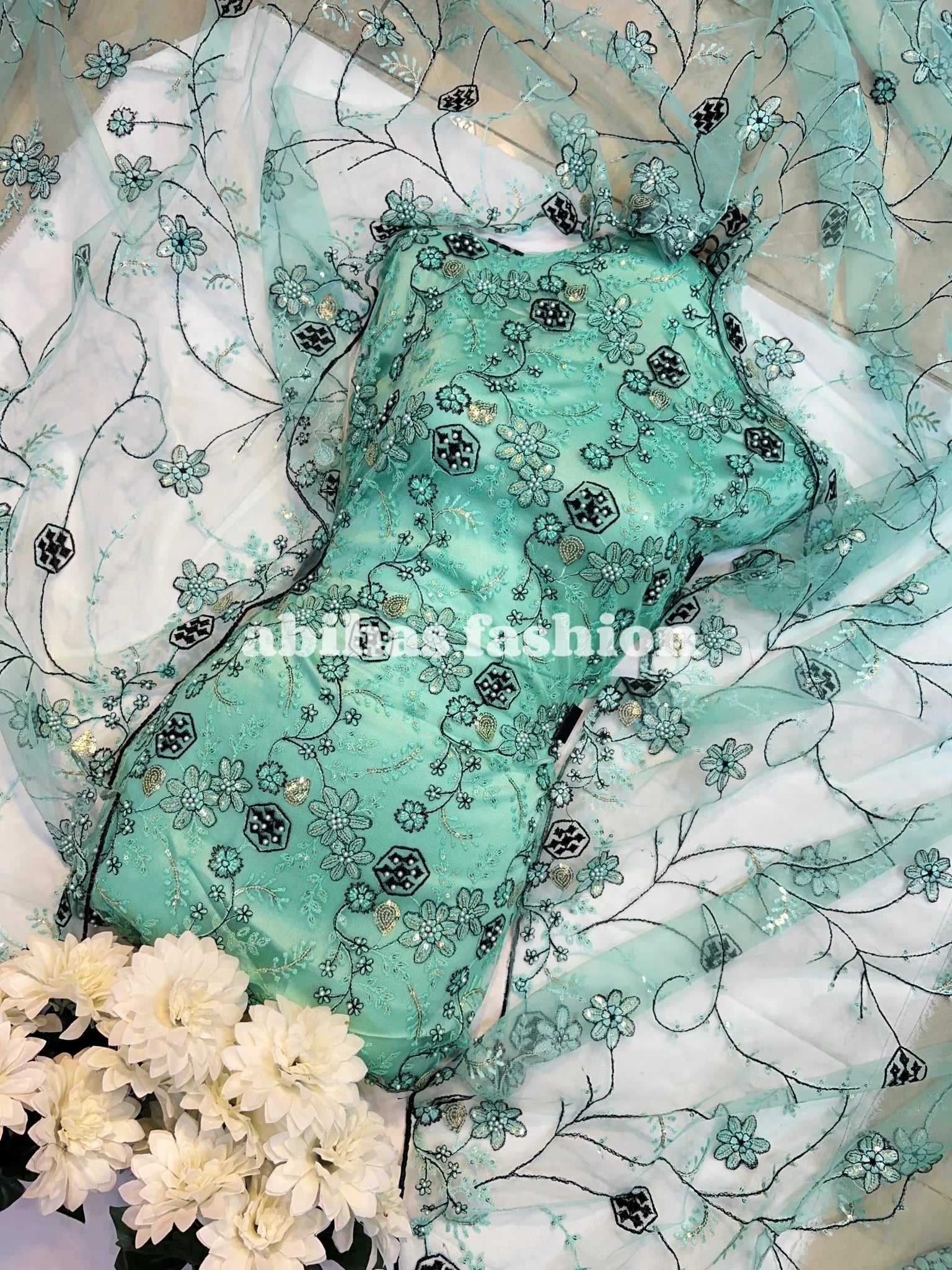 💎 3PC Breeza Net Dress with Elegant Pules Work 💎(AQUA) - Abihas Fashion