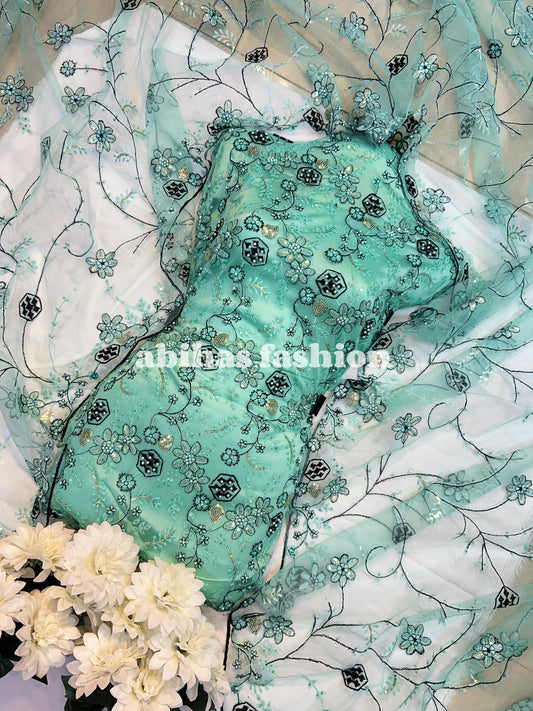 💎 4PC Breeza Net Dress with Elegant Pules Work 💎(AQUA)