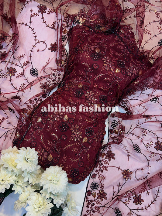 💎 4PC Breeza Net Dress with Elegant Pules Work 💎(MEHRON)