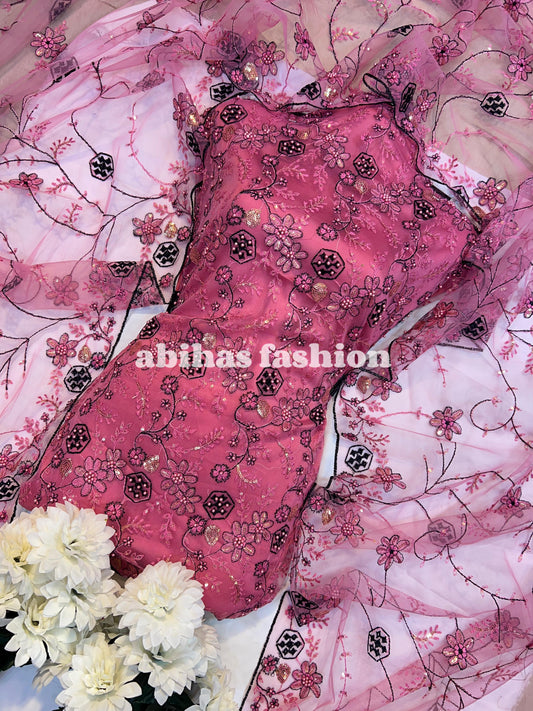 💎 4PC Breeza Net Dress with Elegant Pules Work 💎(T-PINK)