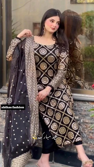 ✨ Luxury Soft Chiffon 3 - Piece | 9MM Sequin Work ✨ (MEHRON) - Abihas Fashion