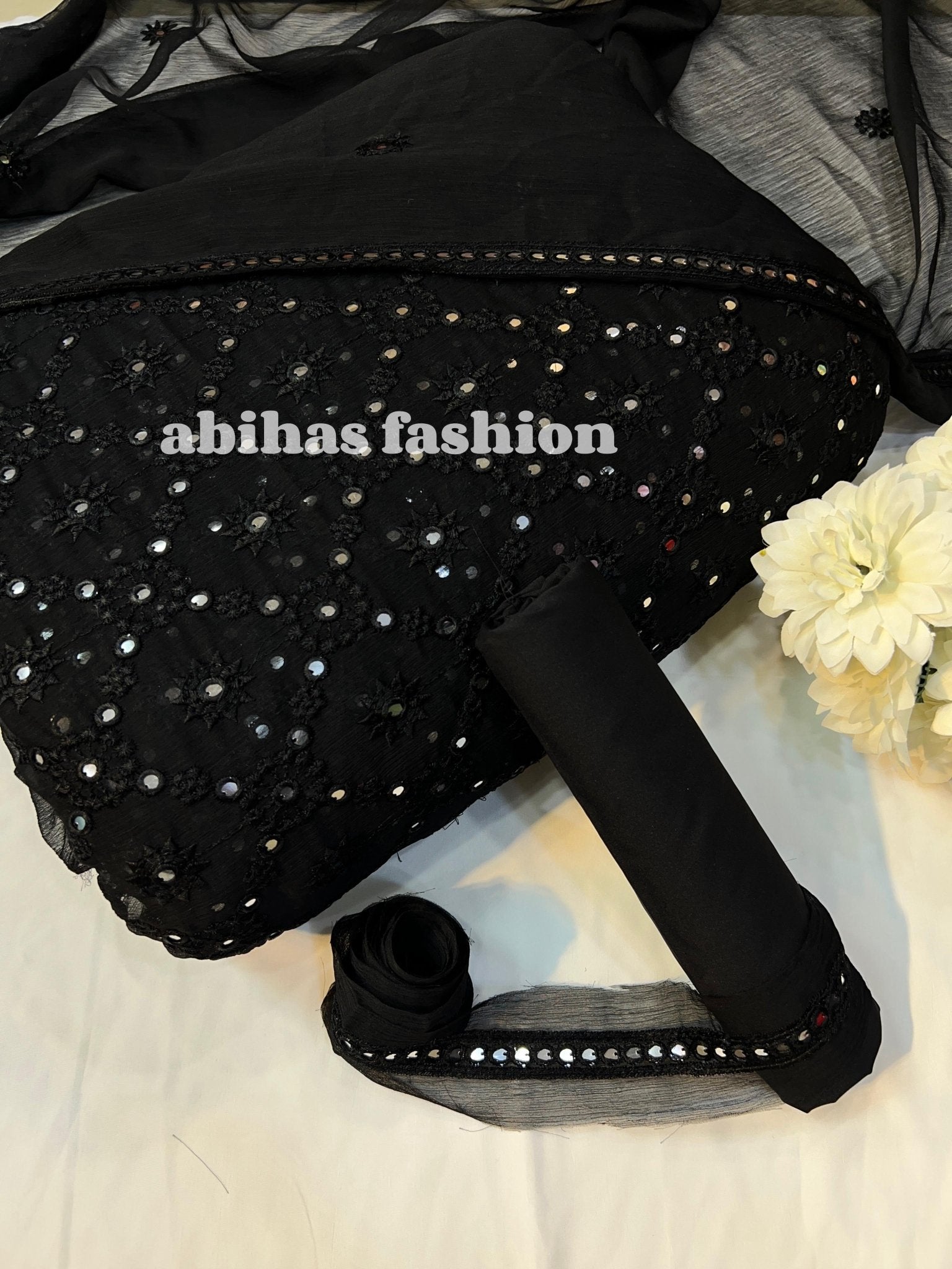 🔥 Chikan Kari Design – Soft Chiffon Luxury Collection 🔥 (BLACK) - Abihas Fashion