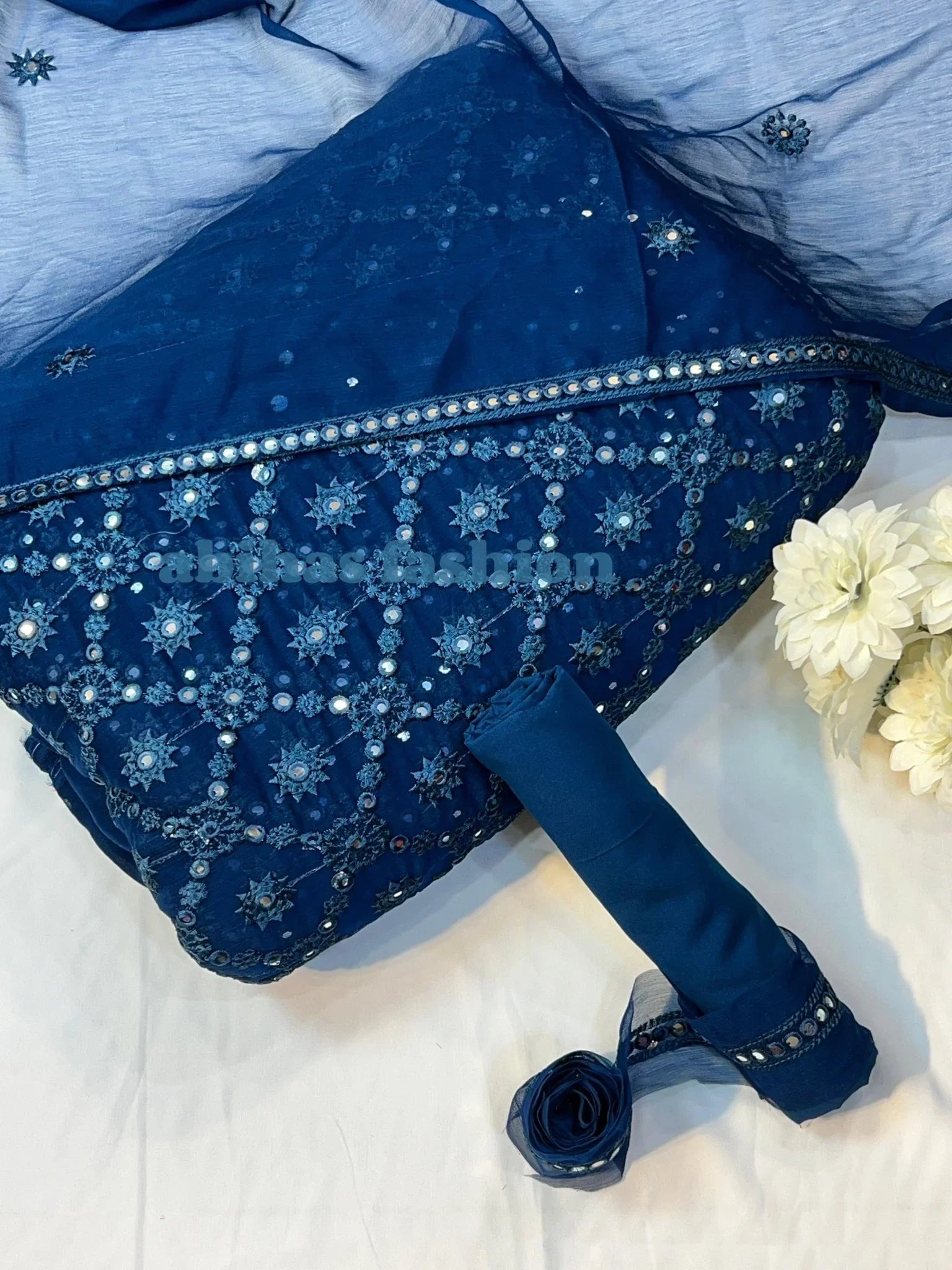 🔥 Chikan Kari Design – Soft Chiffon Luxury Collection 🔥 (ZINK - BLUE) - Abihas Fashion