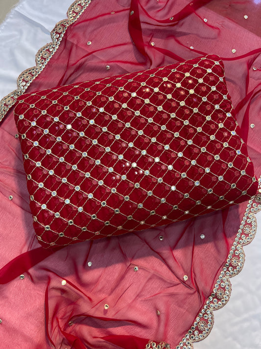 🌟 Hiba Bukhari Most Viral 9MM Chiffon 3-Piece Dress 🌟 (red)