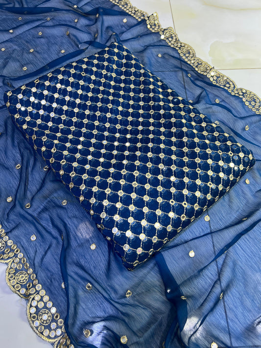 🌟 Hiba Bukhari Most Viral 9MM Chiffon 3-Piece Dress 🌟 (ZINK-BLUE)