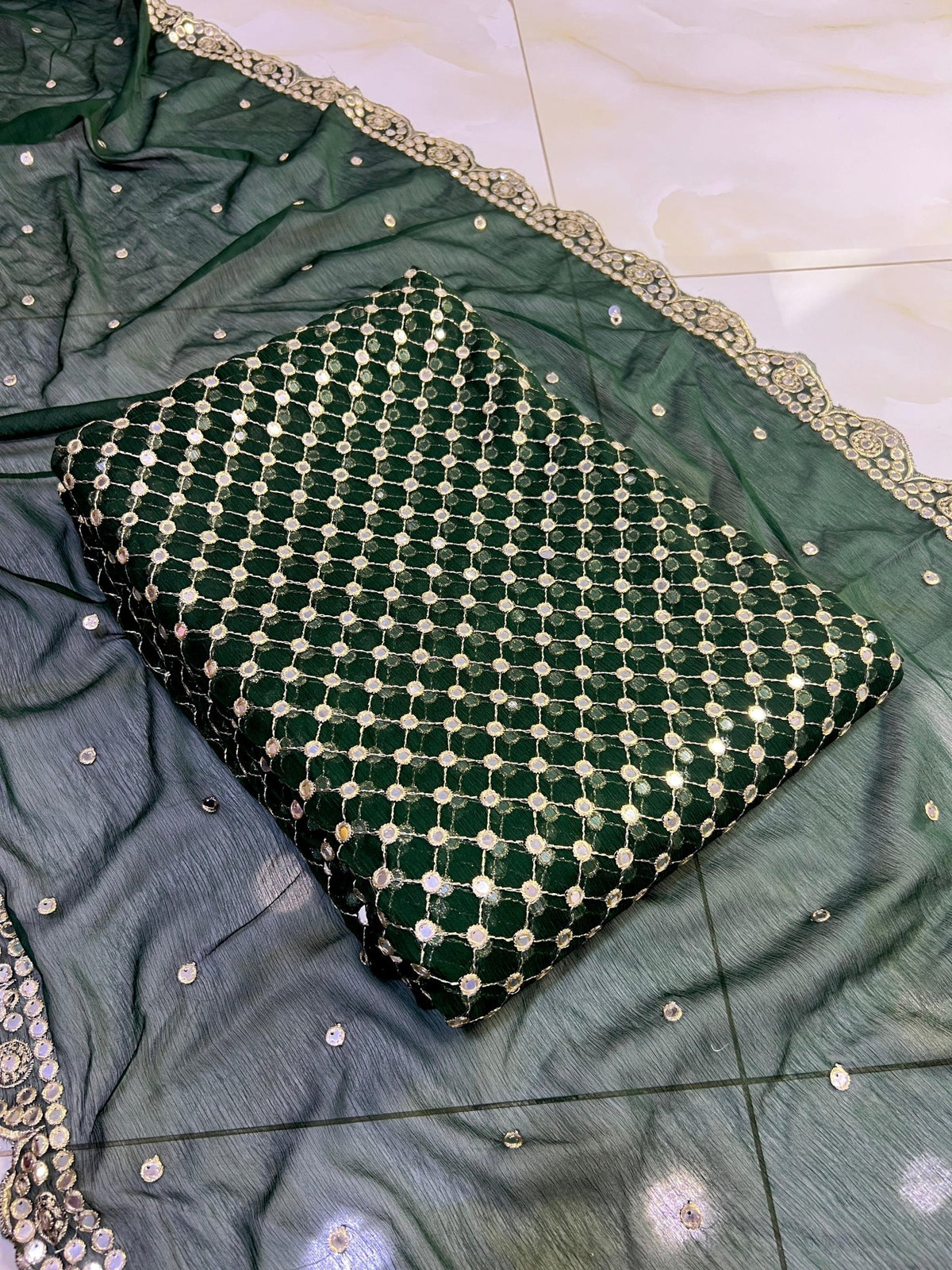 🌟 Hiba Bukhari Most Viral 9MM Chiffon 3 - Piece Dress 🌟 (KAI - GREEN) - Abihas Fashion
