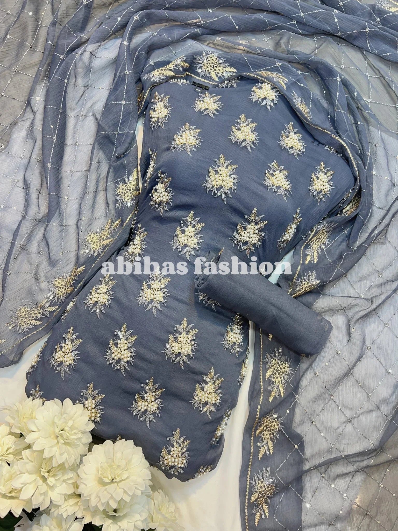 💫 Soft Chiffon Beauty – Fine Pules Embroidery | 3PC (STEEL - GREAY) - Abihas Fashion